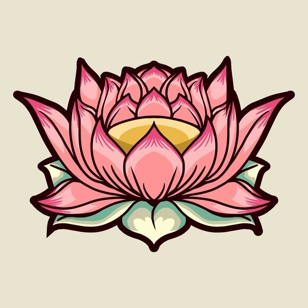 a pink lotus flower with leaves on the bottom and yellow petals in the middle, surrounded by