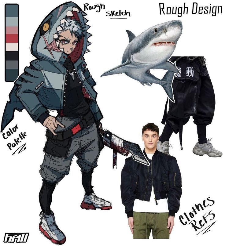 a man standing next to a shark and other items