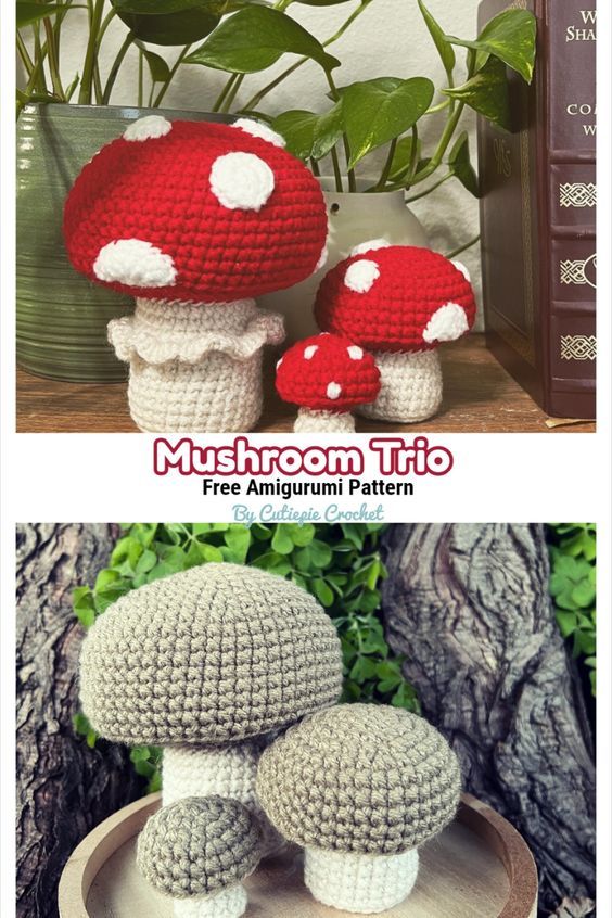 two crocheted mushrooms sitting on top of each other