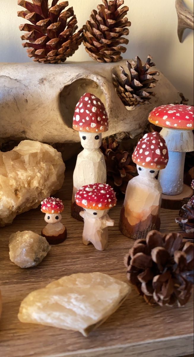 Hand carved and painted mushrooms by me🪵🍄��✨ Whittling Wood Tutorials, Woodcarver Aesthetic, Small Wood Whittling Projects, Easy Whittle Projects, Small Wooden Carvings, Mini Wood Carving Ideas, Mushroom Whittling, Tiny Wood Carvings, How To Wood Carve