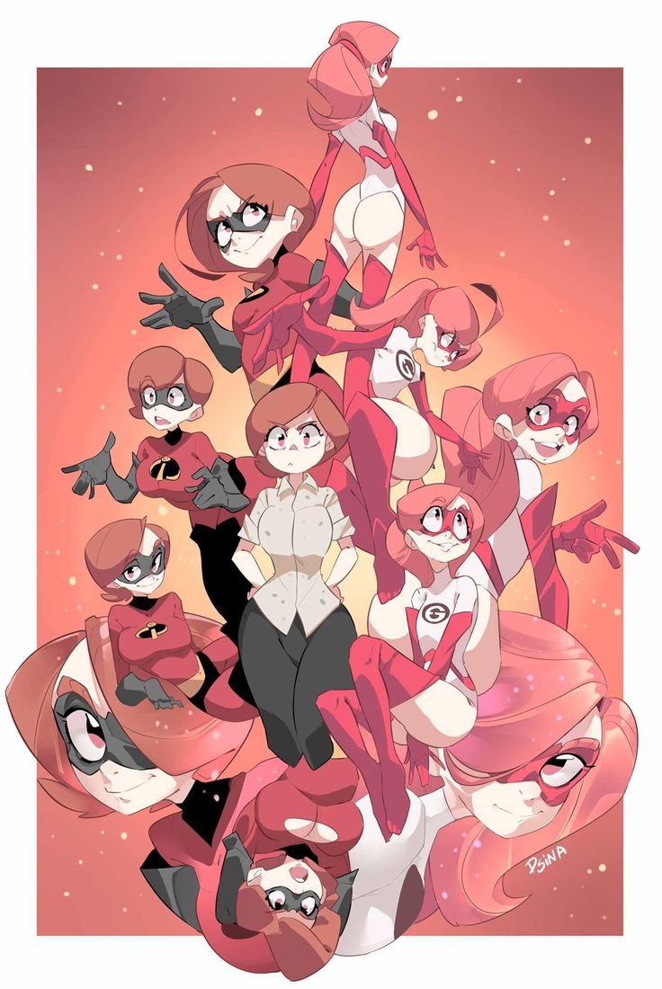 an image of some cartoon characters with pink hair and red eyes, all dressed up in different