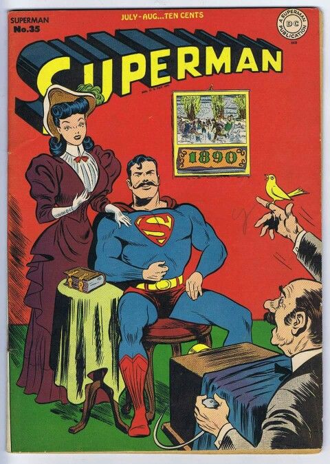 an old comic book cover with superman being interviewed by two men and a bird on the table