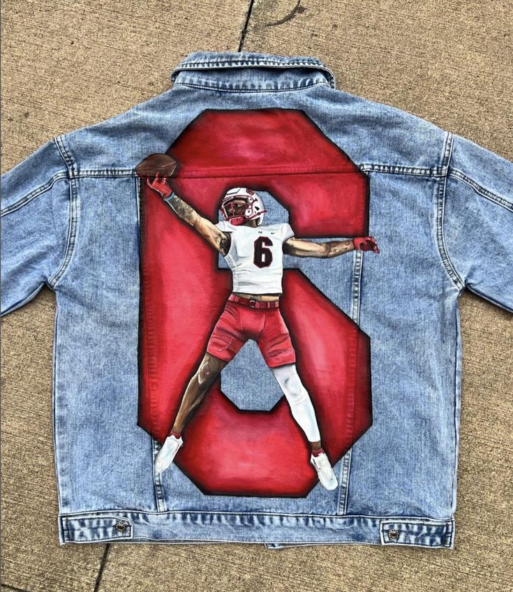 Hand-painted, custom jean jackets available. I have painted hundreds of custom jean jackets and would love to create a custom piece for you. Please see the photos (or my Instagram @creationsbynataliee) for some of my work. NOTE that your jacket does not have to be a professional athlete, I can make a jacket for anyone, I just require a clear reference photo to work from. Jackets provided by me: Once you purchase this option, I will message you to get color, fit, size, and wash. I will then order a jacket that fits your vision. (I do not take specific brand requests for jackets)  You provide the jacket: Some people prefer to provide the jacket themselves. Once you purchase, I will send you my business address and you will be responsible for sending me a jacket. If you have questions, please Painted Football Jean Jacket, Sports Jean Jacket, Jean Jacket Football Girlfriend, Football Denim Jacket, Spray Paint Jacket, Jean Jacket Custom, Custom Painted Jacket, Football Jean Jacket Girlfriend, Custom Jacket Paint