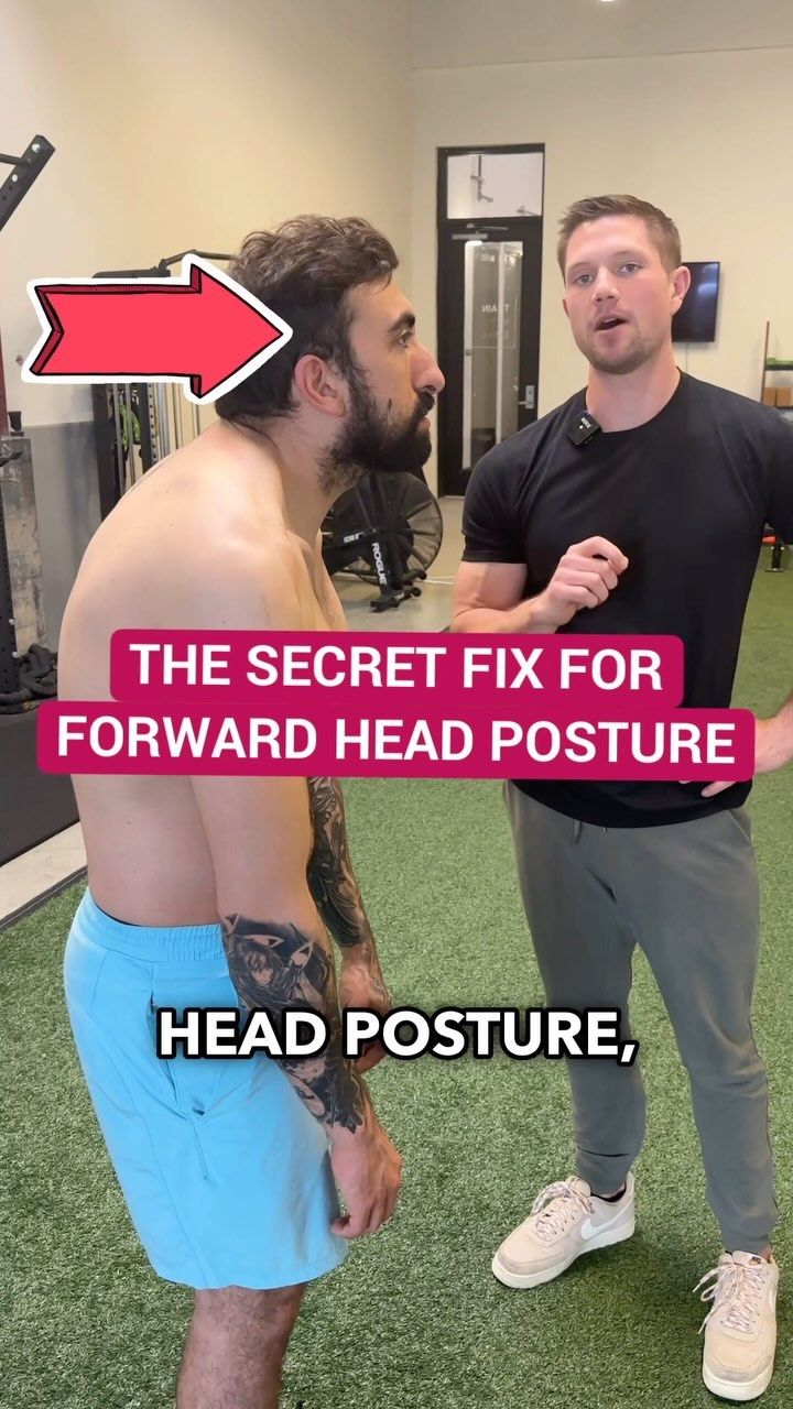 two men standing next to each other in front of a tv screen with the words, the secret fix for forward head posture