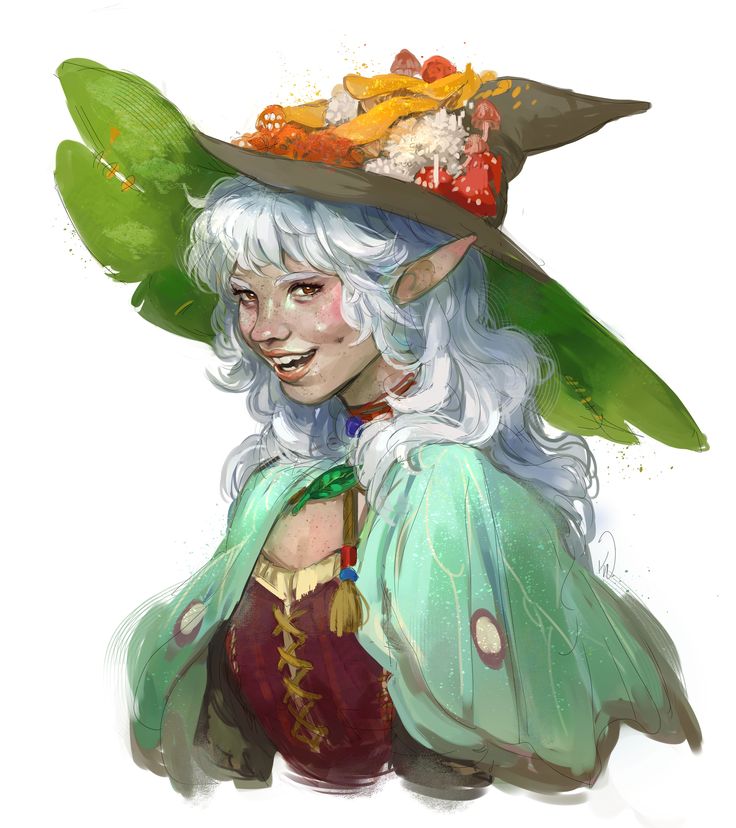 a drawing of a woman with white hair wearing a green hat and dress, holding a leaf