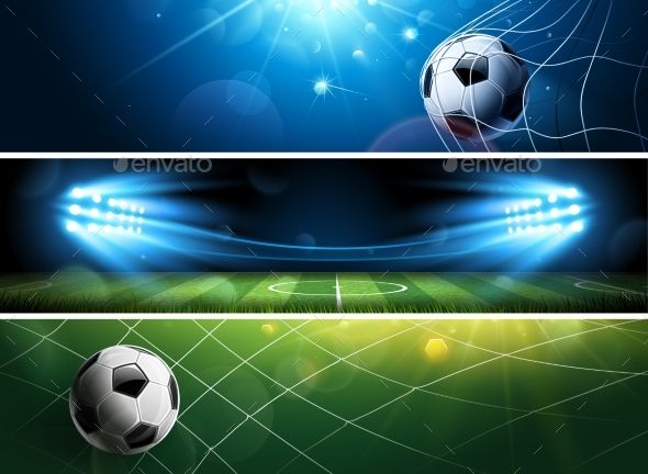 three soccer banners with ball and lights