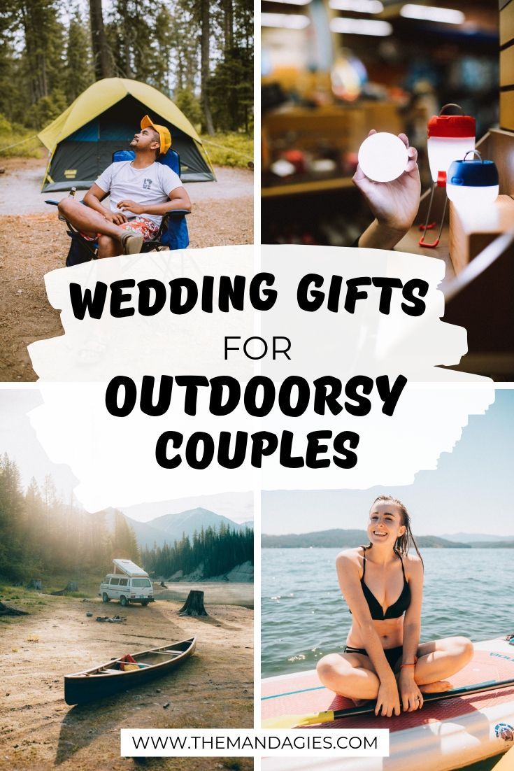 the words wedding gifts for outdoorsy couples are overlaid by photos of people on surfboards