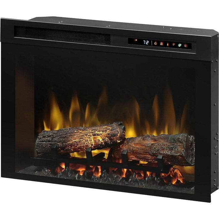 an electric fireplace with logs and flames