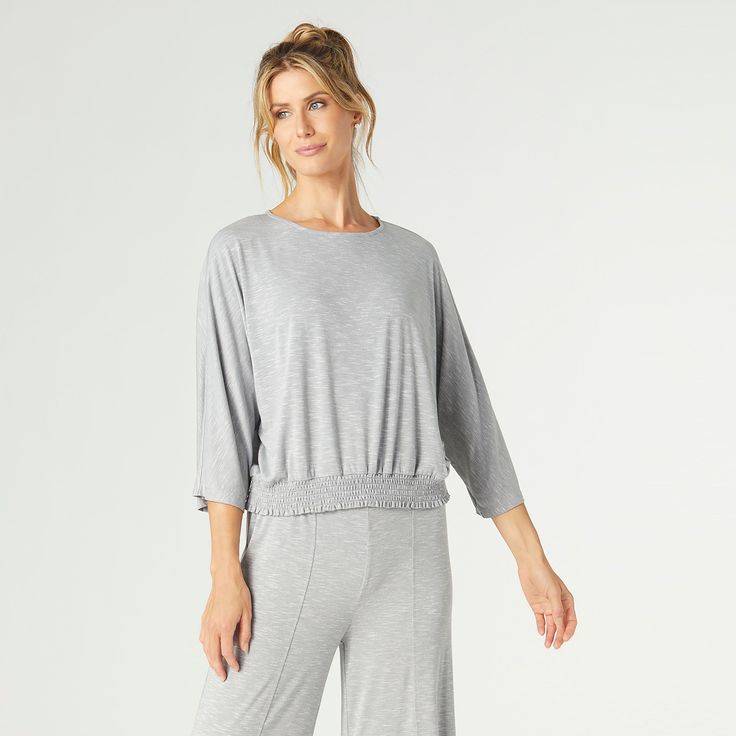 Easy Days Scrunch Top - Grey Relaxed Fit Spring Activewear For Relaxation, Relaxed Fit Activewear For Spring Relaxation, Casual Yoga Tops With 4-way Stretch, Casual 4-way Stretch Tops For Yoga, Casual 4-way Stretch Yoga Top, Versatile Activewear For Loungewear, Versatile Solid Color Activewear For Loungewear, Relaxed Fit Activewear For Lounging, Casual Activewear For Relaxation