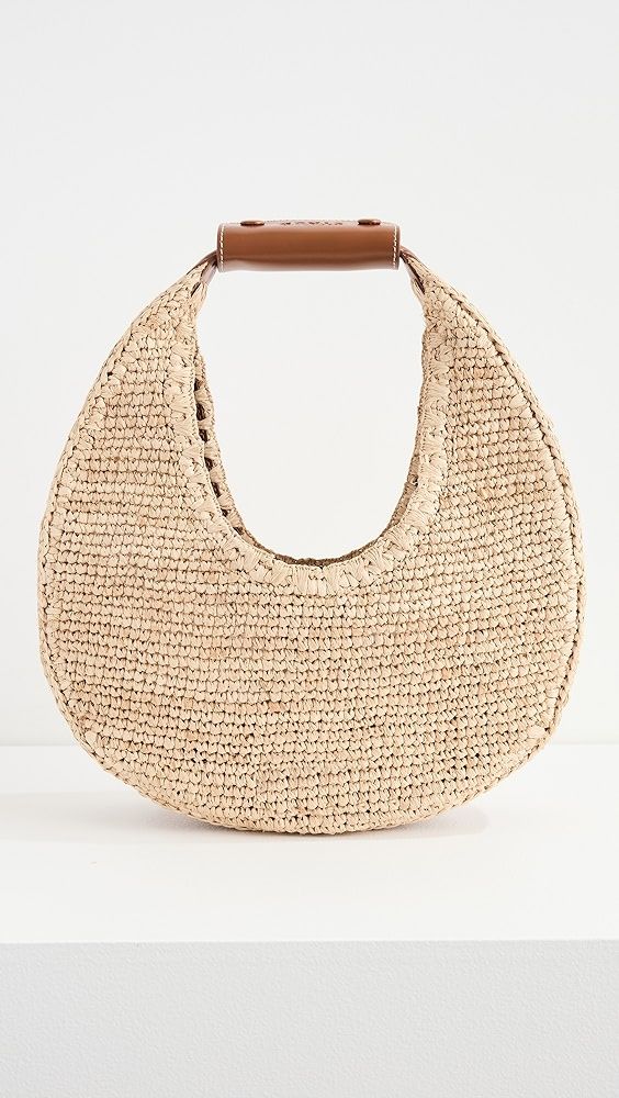 STAUD Moon Raffia Tote Bag | Shopbop Raffia Tote Bag, Statement Sandals, Woven Raffia, Natural Tan, India Fashion, French Fashion, Crochet Bag, Leather Trims, Fashion Bags