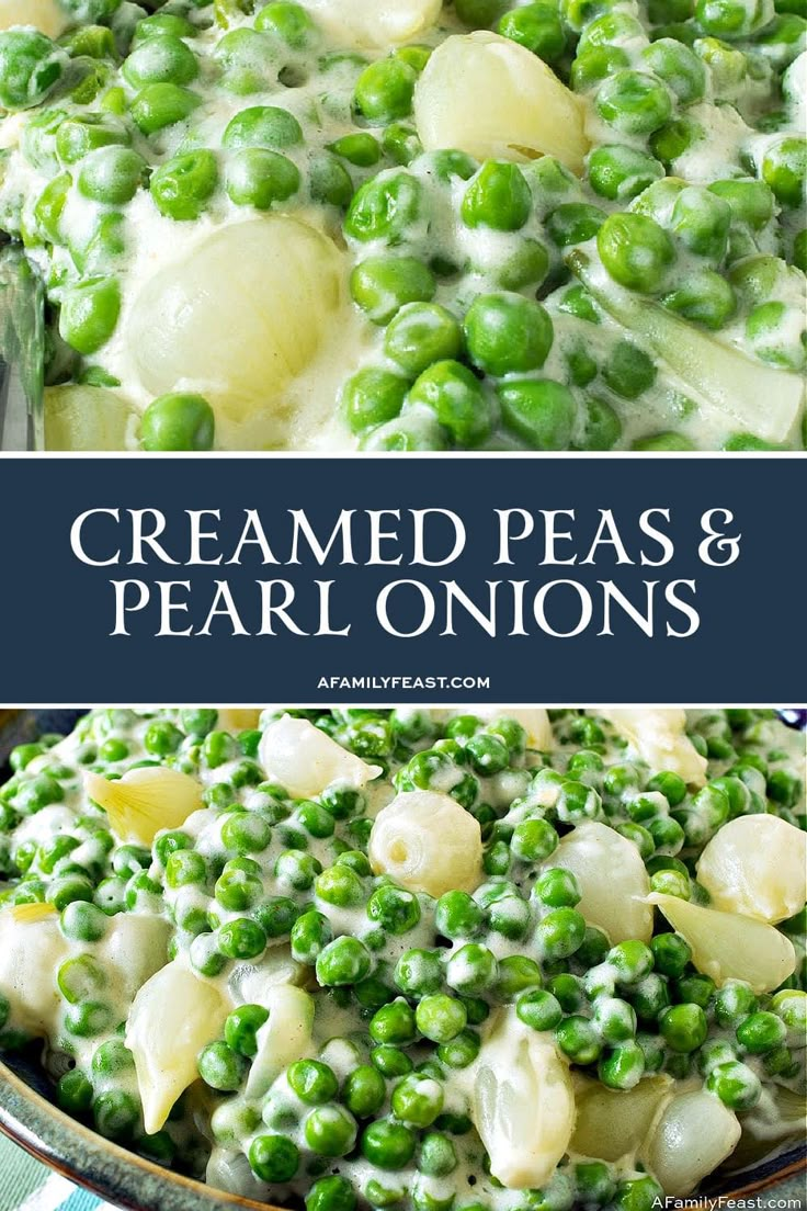 peas and pea shells in cream sauce with text overlay