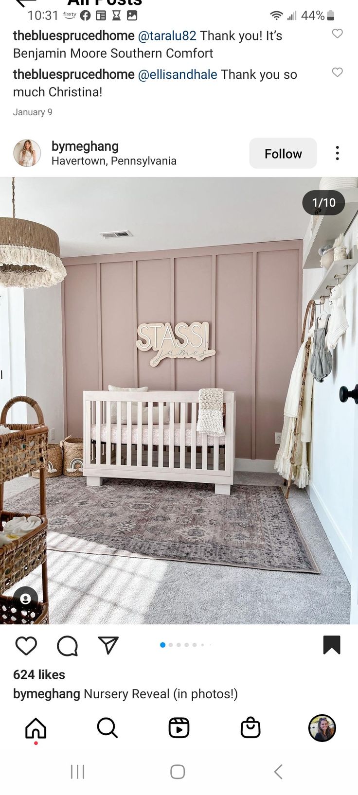 a baby's room with pink walls and white crib in the corner, on instagram