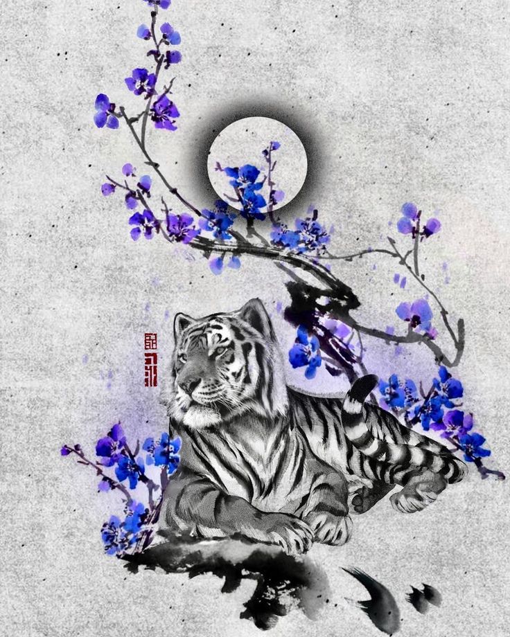 a tiger sitting on the ground in front of blue flowers and a full moon behind it