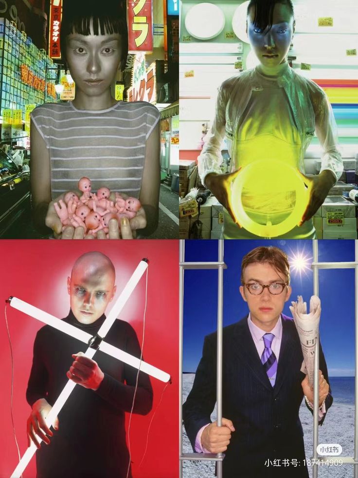 four different pictures with one man holding a light saber and the other wearing a suit