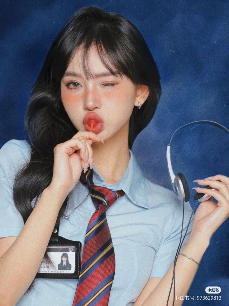 a woman with headphones and a tie blowing on a lollipop in front of her face