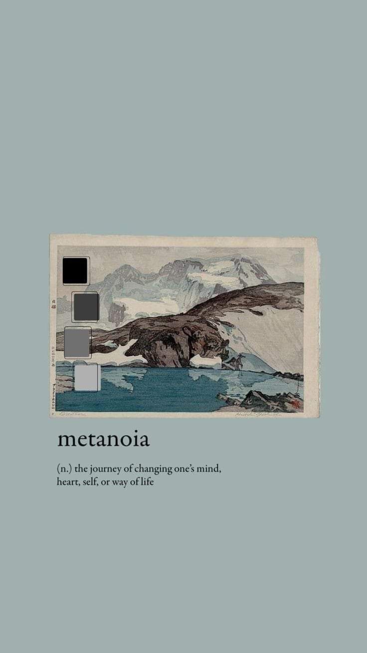 a book cover with an image of mountains and the words metanoia on it