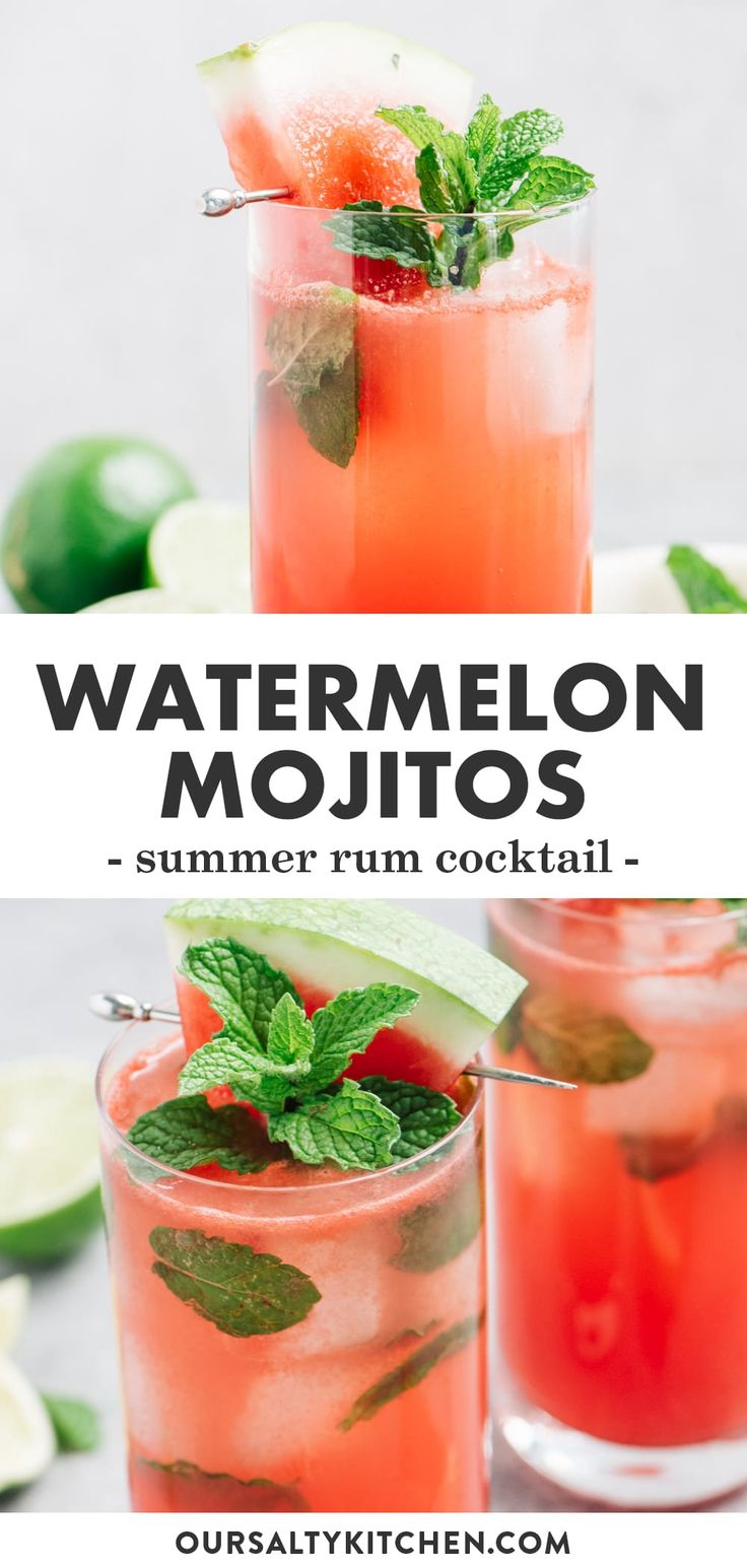 watermelon mojitos with lime and mint garnish on the side