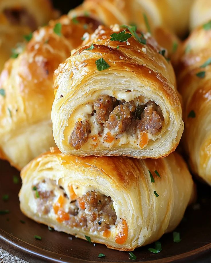 several sausage rolls stacked on top of each other with cheese and meat in the middle