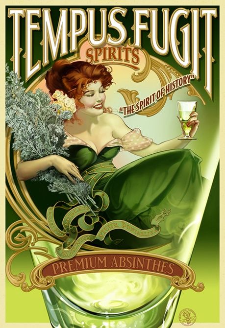 an advertisement for the tempestps fugit spirits, featuring a woman in a green dress