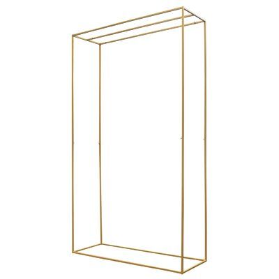 a gold metal frame with an open door on the top and bottom, against a white background