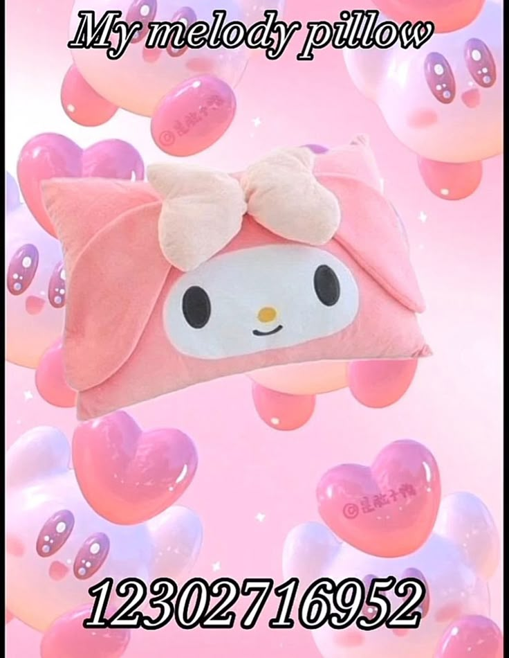 a pink hello kitty pillow floating in the air with hearts around it and text that reads, my melody pillows