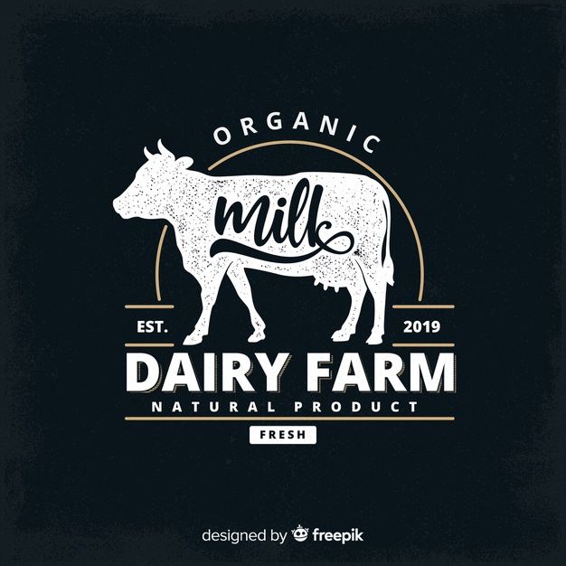 dairy farm logo with cow on the side and organic milk in the middle, black background