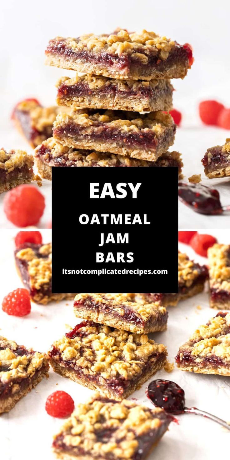 easy oatmeal jam bars stacked on top of each other with raspberries