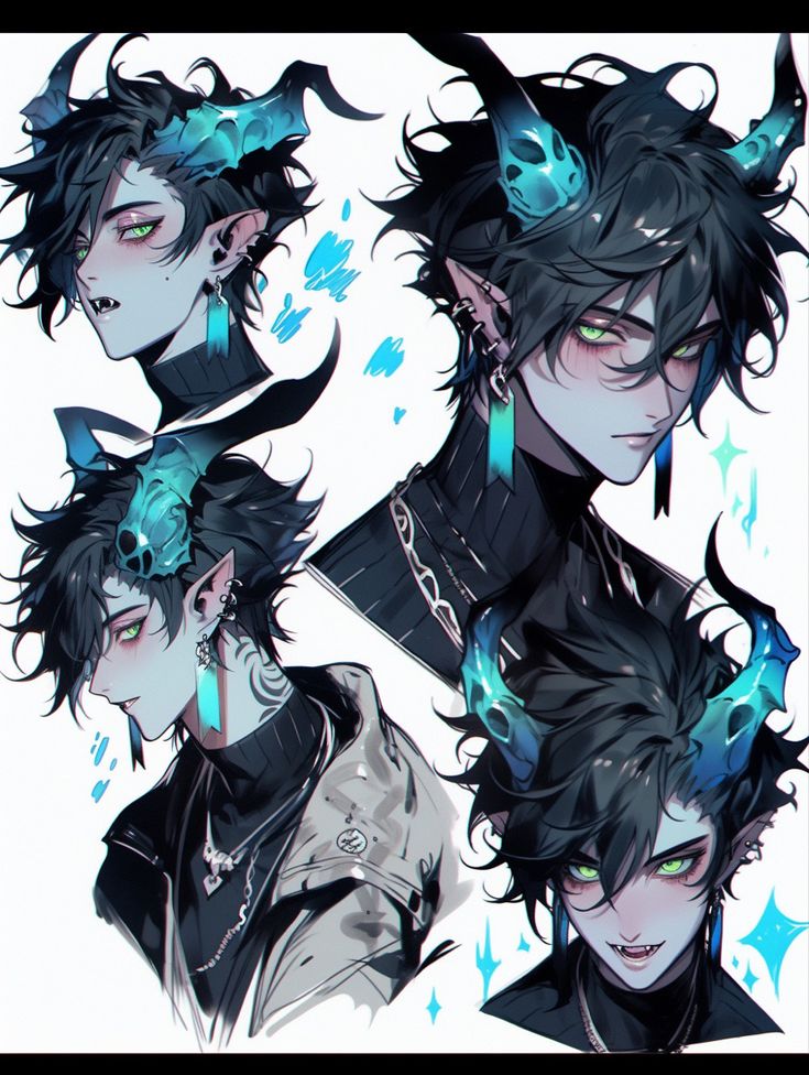 four different poses of an anime character with black hair and horns on his head, wearing blue