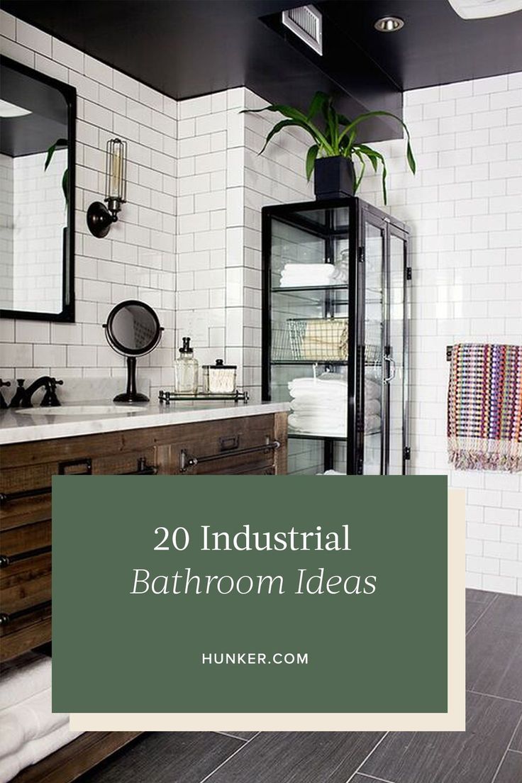 the bathroom is decorated in black and white with green text that reads, 20 industrial bathroom ideas