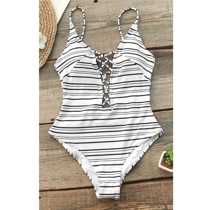 Cheeky One-Piece. Strappy Neckline. Padded Cups. Regular Wash. 80% Chinlon, 20% Spandex. One Piece Swimsuit For Teens, 1 Piece Bathing Suit, Black And White One Piece, Striped Bathing Suit, White One Piece, Pool Time, Striped One Piece, Swimming Outfit