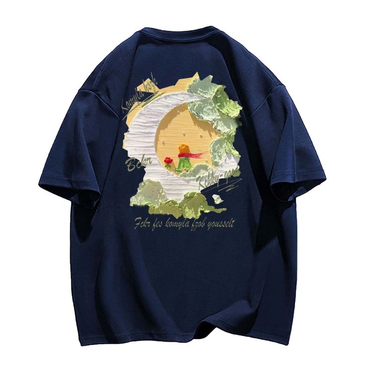 This vibrant tee features an oil painting of the beloved Little Prince, capturing his whimsical spirit. Show off your love for this timeless story and add a touch of artistry to your wardrobe. Perfect for fans of all ages. (Wearable art for all ages!) Features: -100% Cotton -Crew Neckline -Dropped Shoulder -Regular fit -Unisex style Artsy Short Sleeve T-shirt With Artwork, Graphic Cotton T-shirt With Artwork, Cotton Crew Neck T-shirt With Artwork, Cotton Artwork T-shirt With Crew Neck, Crew Neck Cotton T-shirt With Artwork, Cotton Graphic Tee With Artwork, Graphic Tee Cotton T-shirt With Artwork, Cotton Artwork T-shirt With Short Sleeves, Artistic Blue Crew Neck T-shirt