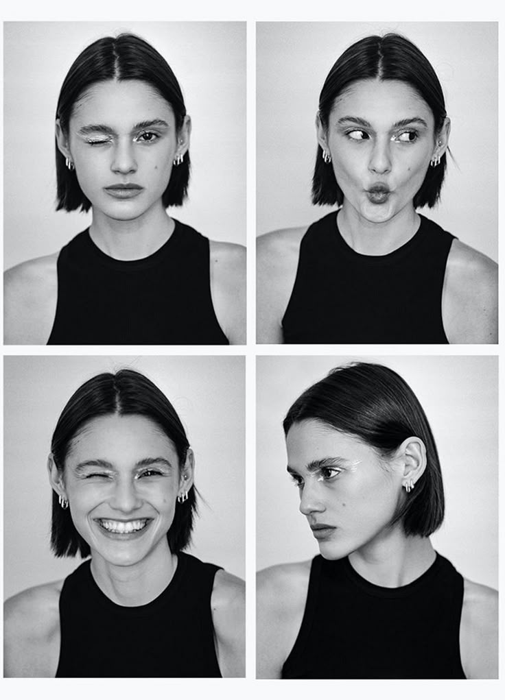 four pictures of a woman with different facial expressions and hair styles, all in black and white