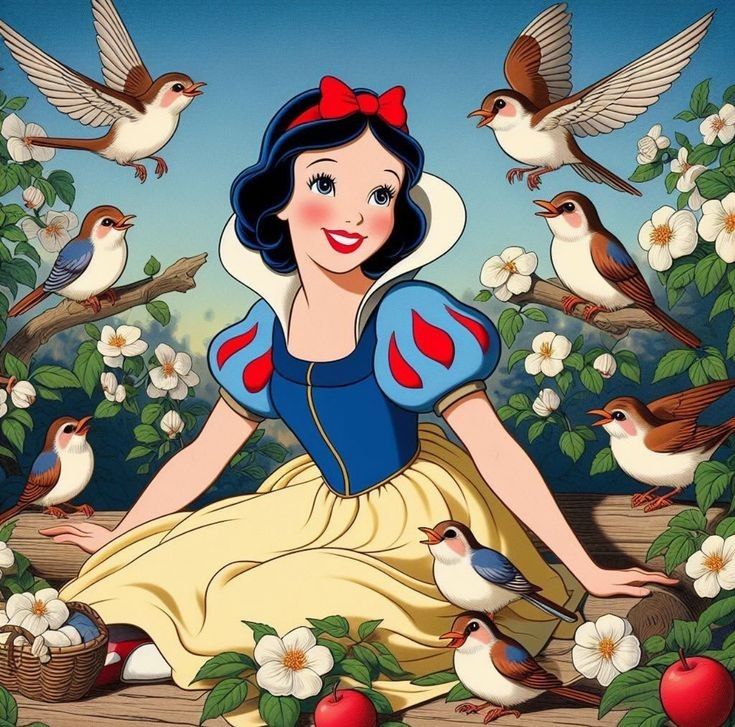 snow white surrounded by birds and flowers