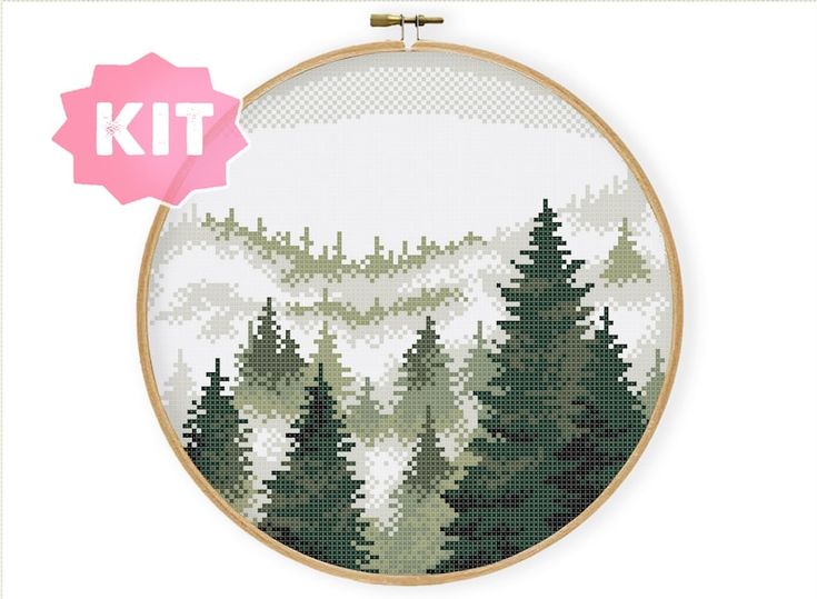 a cross stitch pattern with trees and mountains in the background