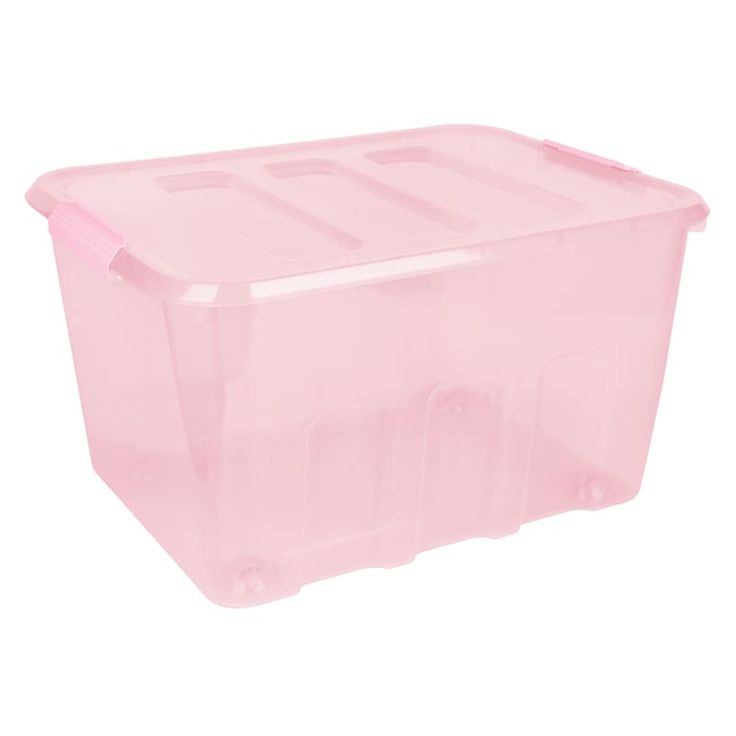 a pink plastic storage box on a white background