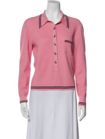 Chanel CardiganFrom the Pre-Fall 2023 Collection by Virginie ViardPinkInterlocking CC LogoLong Sleeve with CollarButton Closure at FrontFit:Knitwear by Chanel typically fit true to size. Spring Long Sleeve Polo Sweater With Buttons, Pink Long Sleeve Sweater For Work, Classic Pink Knit Sweater, Pink Button-up Sweater For Work, Classic Pink Knit Top, Pink Knit Tops With Buttons, Pink Knit Top With Buttons, Classic Pink Button-up Sweater, Chic Pink Button-up Sweater