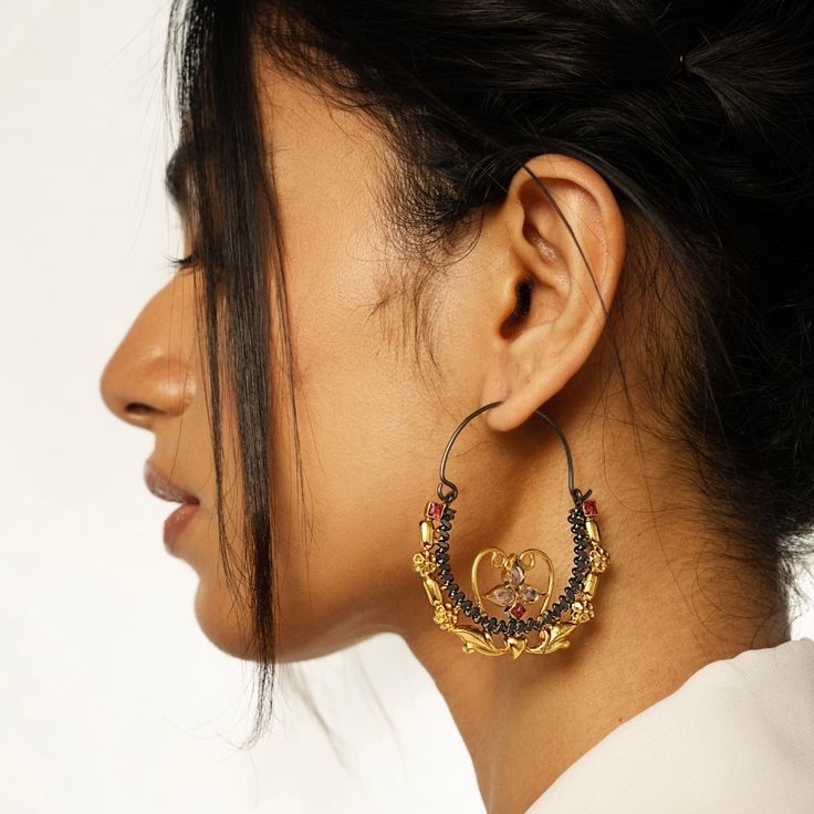 chandi ki earrings design, gold plated silver earrings online india, silver ear jewellery Intricate Design Hoop Earrings For Wedding, Oxidized Finish Chandbali Hoop Earrings, Wedding Temple Jewelry Metal Chandbalis, Festive Fusion Style Hoop Earrings, Traditional Wedding Jewelry With Artistic Design, Bohemian Wedding Jewelry With Artistic Design, Festive Fusion Hoop Earrings, Round Chandbalis For Festival, Temple Jewelry Style Hoop Earrings With Cutdana