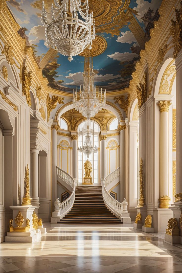 an ornate hallway with chandelier and marble floors