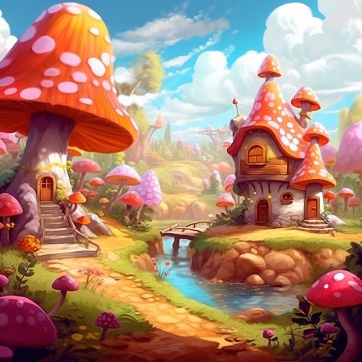 an image of a mushroom house in the middle of a forest with lots of mushrooms