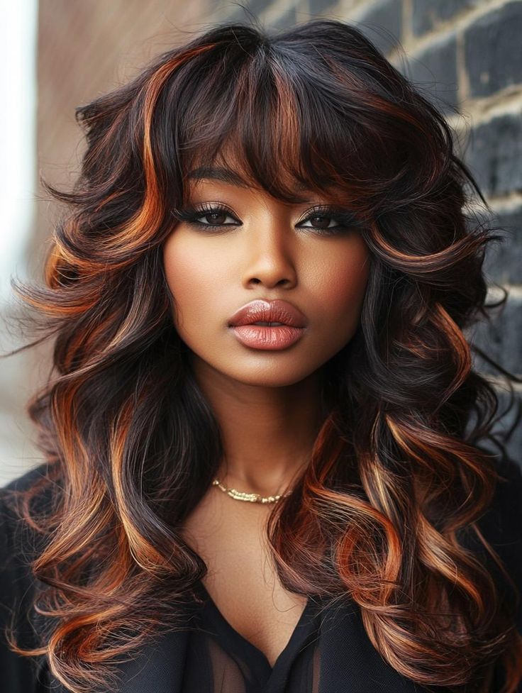 Chocolate Brown Hair With Copper Tones Highlights, Curly Quick Weave With Bangs, Crochet Hairstyles With Bangs, Bangs Hairstyles Black Women, Up Do Black Women, Black Hairstyle Ideas, African Hair Style, Hair With Bangs And Layers, Long Hairstyles For Black Women