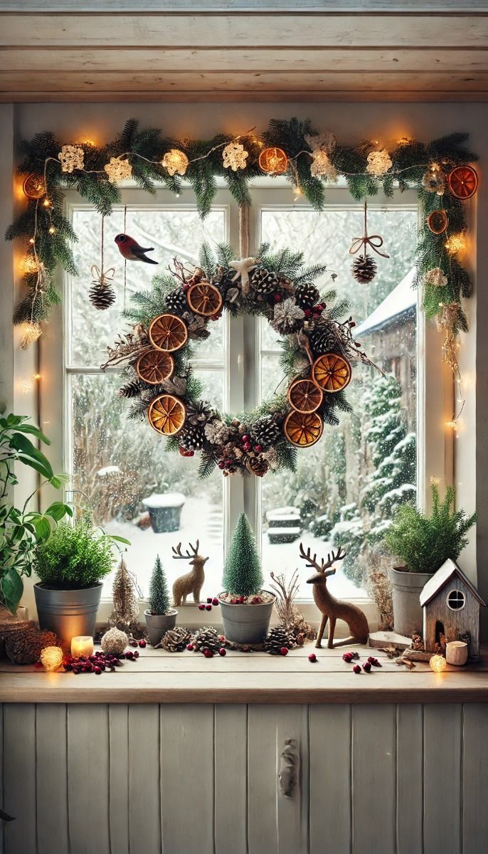 a christmas wreath is hanging on the window sill