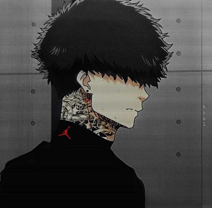 an anime character with black hair and tattoos on his face, standing in front of a gray background