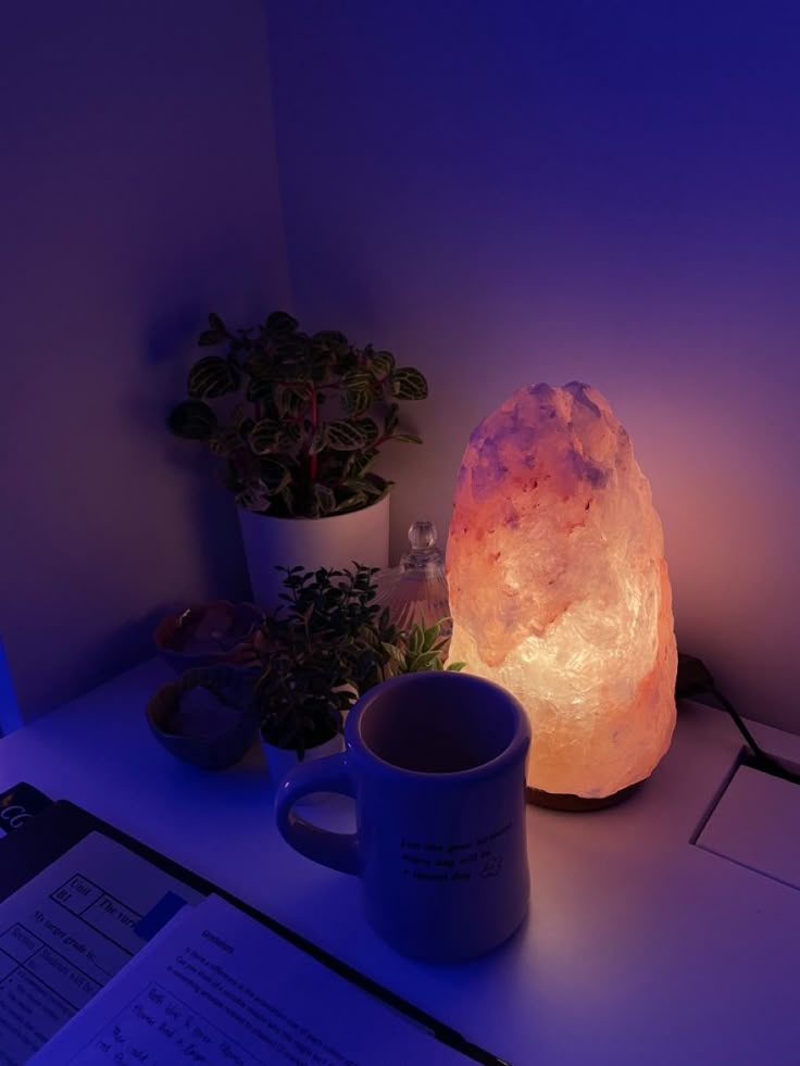 a table topped with a lamp next to a coffee cup and plant on top of it