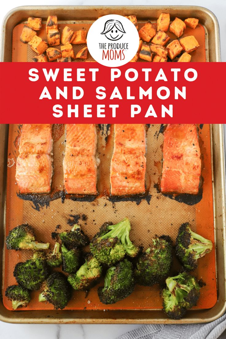 sweet potato and salmon sheet pan with broccoli on the side, along with text overlay that says sweet potato and salmon sheet pan