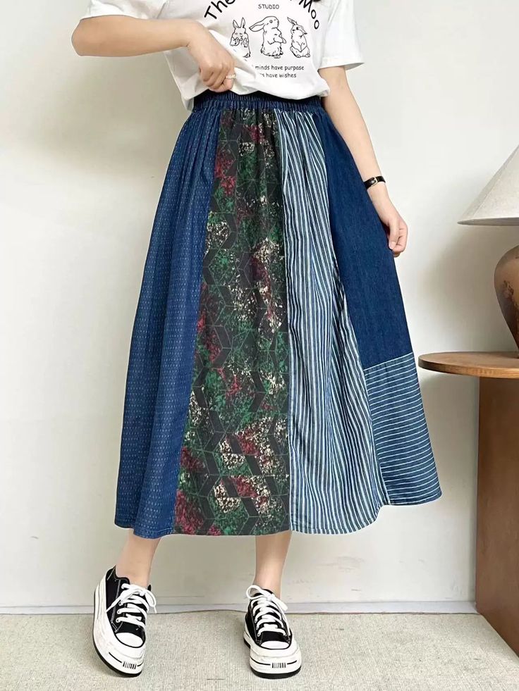 Gender: Women Item Type: A- line skirt Material: 100% cotton Season: Summer Style: Casual, Loose Waist Type: Natural & Elastic Waist Free Size Length: 75 cm/ 29.53 " Waist: 68- 114 cm/ 26.77- 44.88 " Hip: 126 cm/ 49.61 " Casual Patchwork Skirted Bottoms, Casual Patchwork Skirt, Summer Cotton Midi Denim Skirt, Cotton Midi Denim Skirt For Summer, Long Cotton Denim Skirt For Summer, Summer Cotton Denim Midi Skirt, Casual Patchwork Flared Skirt, Blue Patchwork Skirt For Spring, Cotton Denim Midi Skirt For Summer