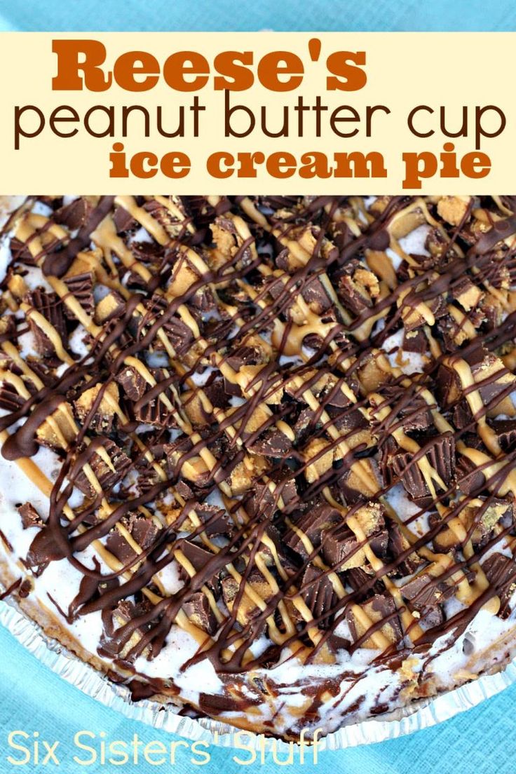 there is a pie with chocolate and peanut butter toppings in it on the plate