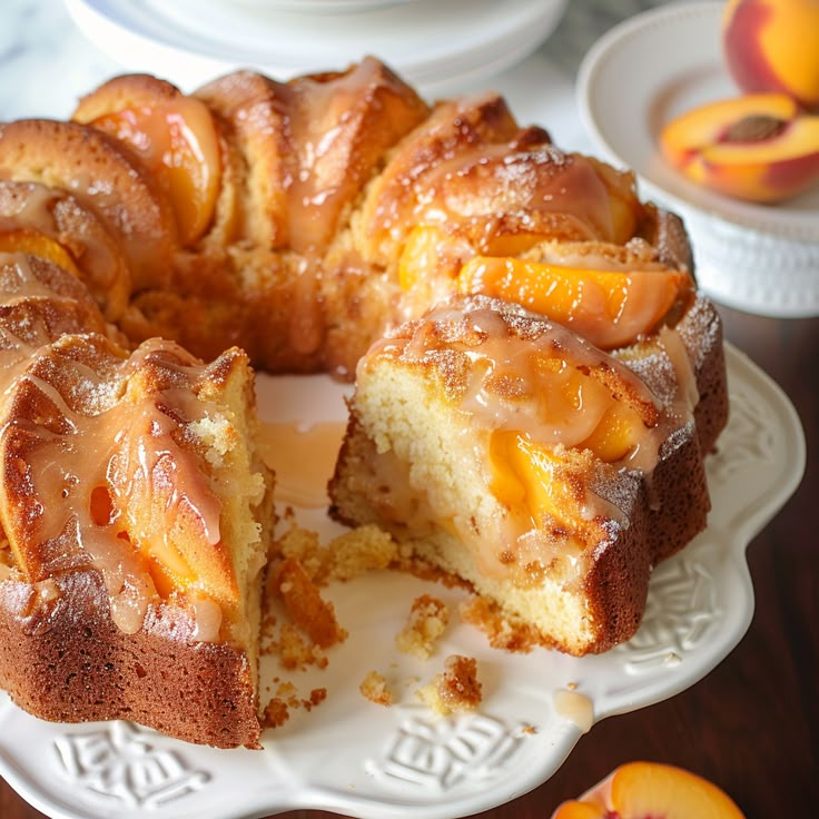 a bundt cake with sliced peaches on top and one slice missing from it