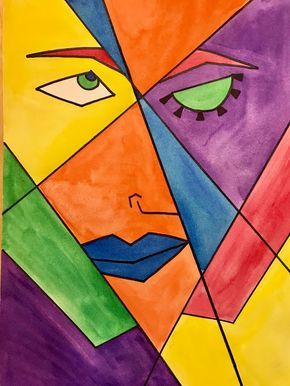 a painting with many different colored shapes and lines on it's face, including the eyes