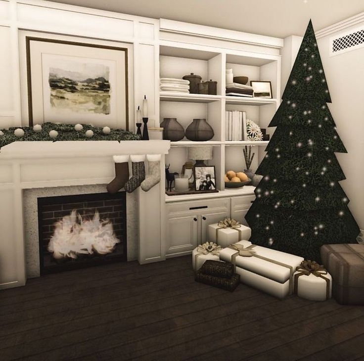 a living room with a christmas tree in the corner