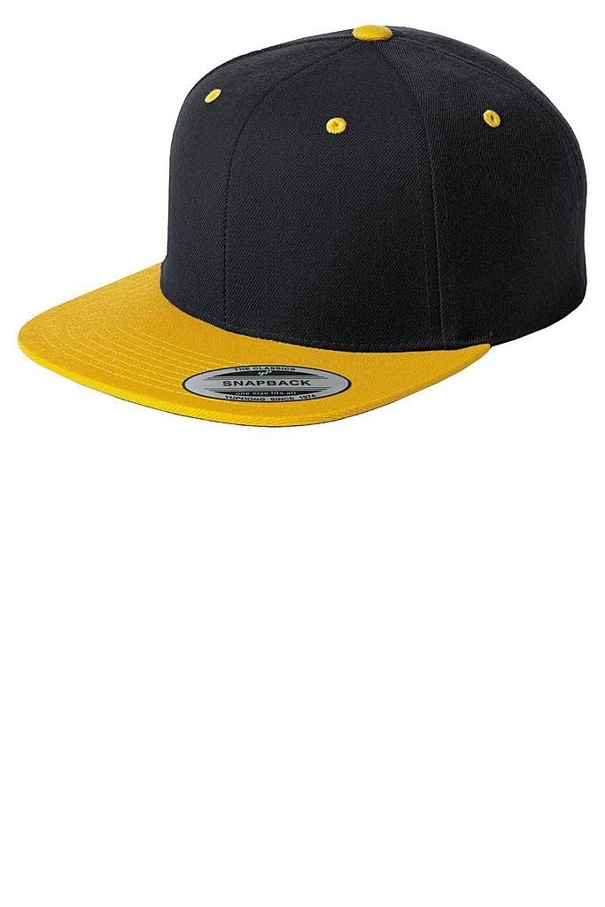 Sport-Tek ® Yupoong ® Flat Bill Snapback Cap. STC19 - BLACK/ GOLD - OSFA | Sport-Tek Flat Bill Snapback Cap in Black/Gold Size OSFA | Wool Headwear Fashion, Multicam Black, True Red, Snapback Cap, Fitted Hats, Cotton Spandex, Streetwear Fashion, Heather Grey, Accessories Hats